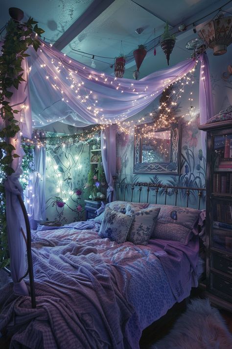 Transform Your Bedroom into a Fairy Tale Retreat with Magical Decor Ideas! Blue Green Purple Bedroom, Purple Fairycore Bedroom, Lavender And Dark Blue Bedroom, Lavender And Blue Bedroom Ideas, Blue Purple Bedroom Ideas, Fairy Room Ideas Aesthetic, Blue Whimsical Bedroom, Fabric Draped Ceiling Bedroom, Blue Light Room Aesthetic