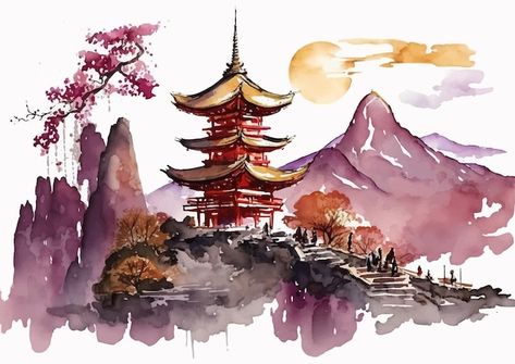 Chinese House Painting, Chinese Watercolor Painting Landscape, Traditional Chinese Painting Landscapes, Chinese Dragon Watercolor, Chinese Landscape Drawing, Chinese Illustration Art, Watercolor Illustration Landscape, Pagoda Watercolor, Chinese New Year Watercolor