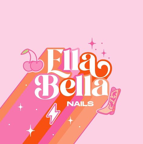 Funky groovy logo design for nail salon Cowgirl Logo Design, Groovy Packaging Design, Balloon Company Logo, Cherry Logo Design Branding, Groovy Branding Design, Nails Logo Design Ideas, Groovy Logo Design, Nail Salon Logo Design Ideas, Nail Logo Ideas