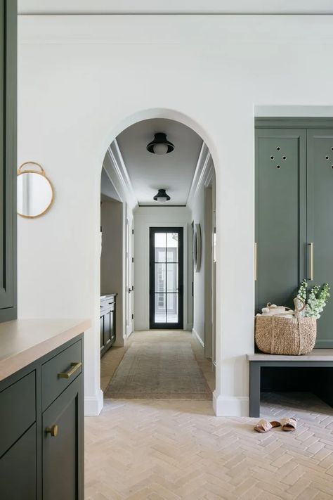 Earthly Palette, Mudroom Paint, Red Brick Pavers, Mudroom Paint Color, Transitional Laundry Room, Mudroom Cabinets, Mudroom Flooring, Kate Marker Interiors, Mudroom Lockers