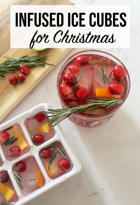 Merry Mimosa Pomegranate Cranberry Ice, Ice Fruit Cubes, Ice For Drinks At Party, Cranberry Orange Rosemary Ice Cubes, Holiday Drink Ice Cubes, Fancy Ice Cubes Drinks, Frozen Ice Cubes Cocktails, Ice Cube Drink Ideas, Cocktail Ice Cube Ideas