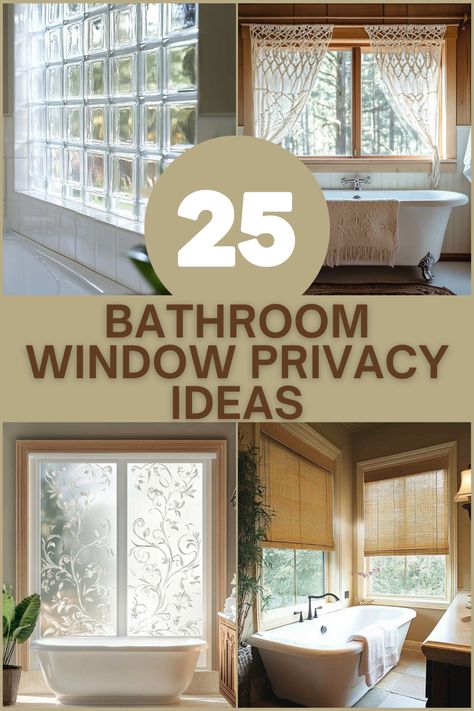 Looking to keep your bathroom private while letting in natural light? Explore 25 creative ideas like frosted glass, window films, and shutters to make your bathroom both stylish and private! #BathroomPrivacy #WindowPrivacyIdeas #HomeDecorTips #BathroomInspiration #PrivacySolutions Corner Window Bathroom, Bathtub Window Privacy, Washroom Curtain Ideas, Shades For Bathroom Window, Bathroom Window Treatments Privacy Ideas Master Bath, Window In Shower Privacy, Curtain Ideas For Bathroom Window, Privacy Screen For Windows, Bathroom Window Film Ideas