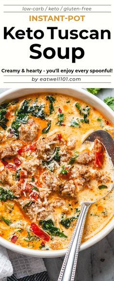 Keto Tuscan Soup, Soup Italian, Keto Quiche, Gluten Free Instant Pot, Sausage Kale, Soup Creamy, Tuscan Soup, Low Carb Meal, Keto Soup