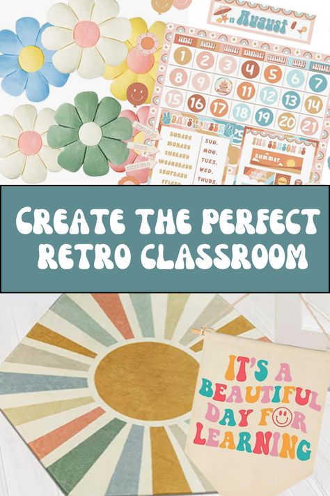 Retro Classroom Theme High School, Groovy Theme Classroom Door, Retro Groovy Classroom Decor, Retro Preschool Classroom, Retro Rainbow Classroom Theme, Classroom Standards Display, Groovy Classroom Decor Ideas, Indie Classroom, Classroom Decor 2024-2025