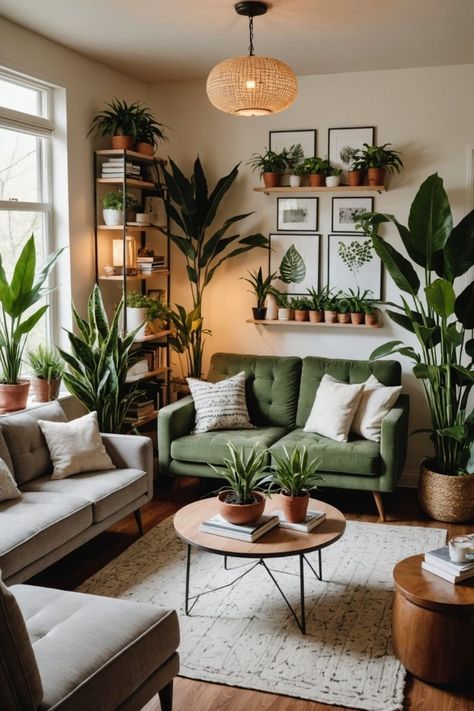 Plant Decor In Living Room, Farmhouse Living Room Green Couch, Plant Home Decor Living Room, Plant Room Ideas Aesthetic, Living Room With Big Plants, Cozy Living Room With Plants, Decor Plants Indoor, Living Room Inspiration Plants, Cozy Living Room Plants