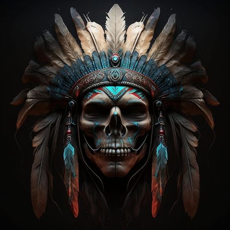 Appache Tattoos, Skull Indian Headdress Tattoo, Indigenous Headdress, Native American Skull Tattoo, Apache Tattoo, Apache Art, Indian Headdress Tattoo, Indian Chief Tattoo, Sugar Skull Images