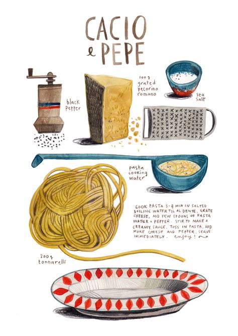 a little reprise in honour of an old favourite of mine, the deceivingly simple cacio e pepe. deceiving because, to make a good creamy caci... Felicita Sala Illustration Food, Illustrated Food Recipes, They Draw And Cook, Pasta Recipe Illustration, Felicita Sala Illustration, Watercolor Recipe Illustration, Illustrated Recipes Drawings, Recipe Book Illustration, Recipe Drawing Food Illustrations