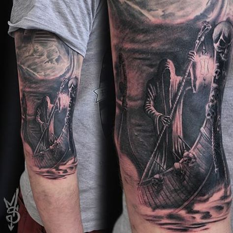 Hades Tattoos For Men, Ferryman Tattoo, Charon Tattoo, Cerberus And Hades Tattoo, Greek Underworld Tattoo, Hades Chest Tattoo, River Of Styx Tattoo, Charon Ferryman, River Styx Tattoo