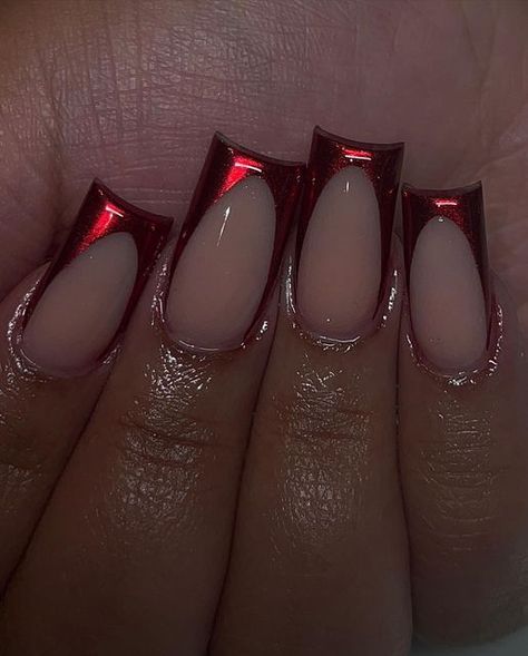 Dark Red Nails For Prom, Burgundy Chrome French Tip Nails, Red Nails Prom Short, Dark Red Chrome French Tip Nails, Dark Red Acrylic Nails Designs Ideas, Red Nail Designs With Initial, Red Glitter French Tip Nails Short, Red Deep French Tip Nails, Dark Red Hoco Nails