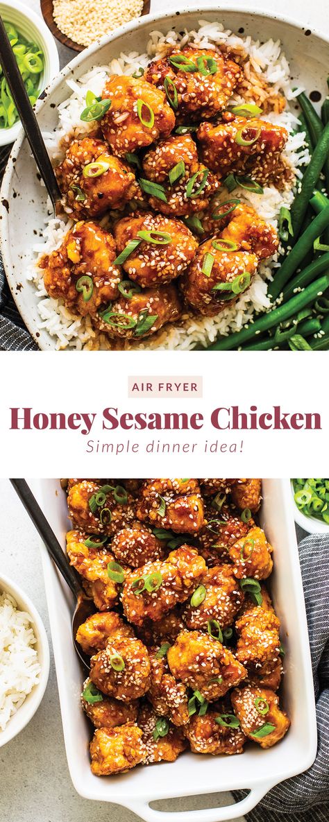 This saucy, delicious air fryer honey sesame chicken is ready in 30 minute and tastes deep-fried, but it's actually made in the air fryer! Air Fried Honey Chicken, Chicken Air Fried Recipes, Dinner Recipe Air Fryer, Airfryer Honey Chicken, Chicken And Rice Recipes Air Fryer, Air Fried Sesame Chicken, Air Fryer Asian Chicken Bites, Air Fryer Honey Sesame Chicken, Chicken And Rice Air Fryer Recipes