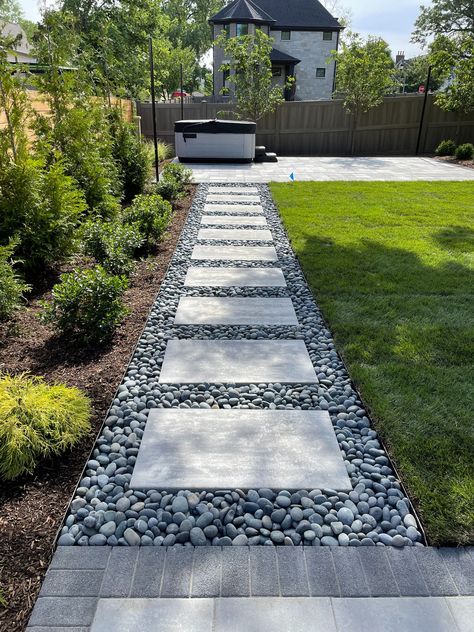 Landscaping - Design, Build & Maintain | Ross & Jack’s, Elmhurst, IL Rock Paver Landscaping, White Pavers Black Pebbles, Garden Mound Ideas, Landscape Design Walkways, Backyard Landscaping Edging Ideas, Poured Concrete Walkways To Front Door, Acre Yard Landscaping, Landscaping Sidewalk To Front Door, Landscaping Walkways Pathway