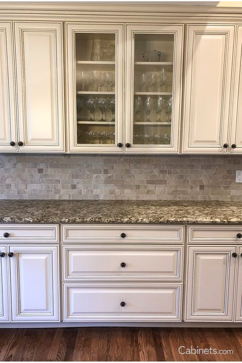 Faux Painting Kitchen Cabinets, Kitchen With Antique White Cabinets, Antiqued White Kitchen Cabinets, Cream Cabinets With Glaze, White Rustic Cabinets, Sw Antique White Cabinets, Antique Looking Kitchen Cabinets, Distressed White Cabinets, Antique Beige Kitchen Cabinets