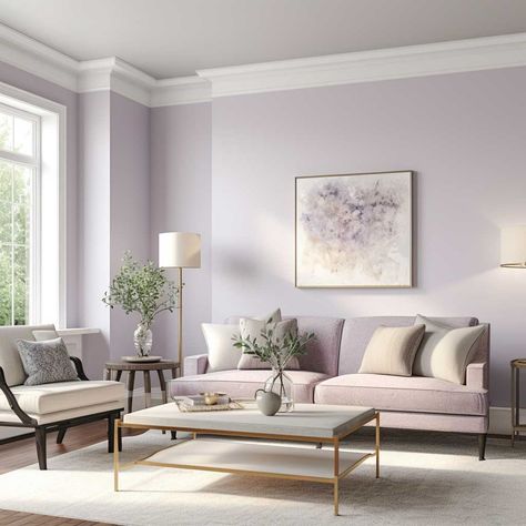 Light Colour For Living Room Wall, Light Purple Walls Living Room, Lavender Living Room Walls, Hall Room Paint Color Ideas, Light Lavender Walls, Light Lilac Paint Color, Lavender Painted Room, Small Living Room Wall Color Ideas, Light Purple Living Room Walls