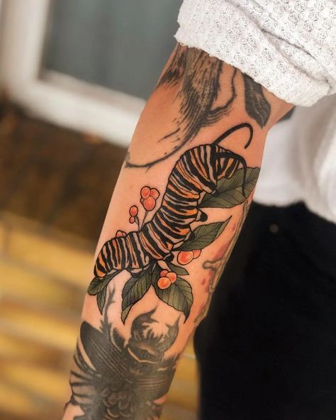 101 Best Caterpillar Tattoo Ideas That Will Blow Your Mind! - Outsons Metamorphosis Tattoo, Caterpillar Tattoo, Bumble Bee Tattoo, Bug Tattoo, Summer Tattoo, Floral Tattoo Sleeve, Botanical Tattoo, Bee Tattoo, New School Tattoo