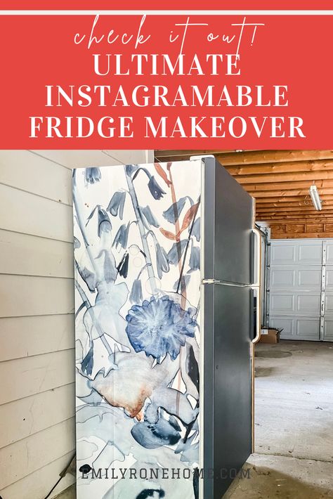 Learn how to quickly and inexpensively update your garage (or any) refrigerator using a bit of paint & wallpaper. The power of paint never ceases to amaze me. Read on for the supply list and step by step tutorial to easily paint your refrigerator. Garage Fridge Makeover, Chalk Paint Refrigerator, Fridge Wallpaper Ideas, Wallpaper On Appliances, How To Paint A Refrigerator Diy, How To Paint Refrigerator, Painting A Refrigerator, Peel And Stick Refrigerator, Wallpaper Refrigerator Diy