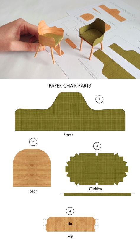 Blueprint for crafting a miniature paper chair model. The printable template is available in 1:12 and 1:24 scale. You can use this diagram to make your own version from different materials. Paper Chair Template, Miniature Making Tutorials, Doll House Printables Templates, Paper Craft Model, Furniture Model Making, Paper Chair Craft, Miniature Furniture Templates Free Printable, Diy Miniature Paper Crafts, Furniture Papercraft