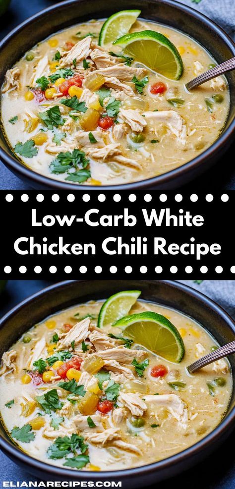 White Chicken Chili Soup, Low Carb Dinner Ideas, White Chicken Chili Recipe Crockpot, White Chicken Chili Healthy, Chicken Soup Crockpot, Delicious Chili Recipe, White Chicken Chili Recipe, Chicken Chili Crockpot, Low Carb Chili