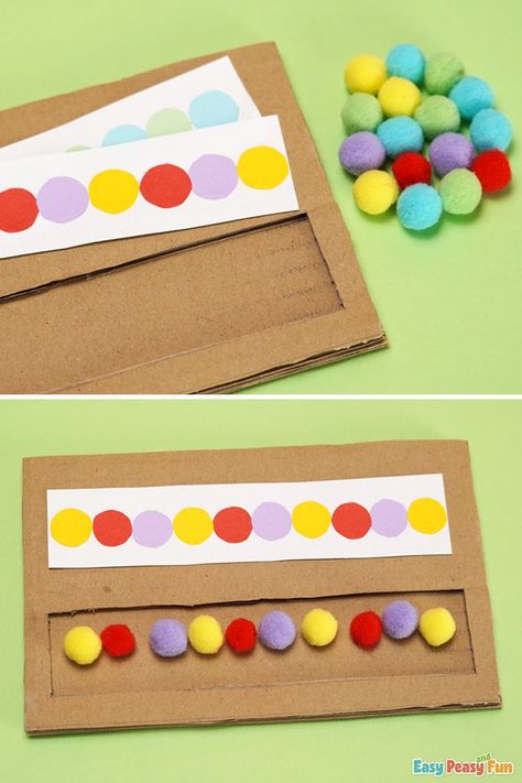 Pom-Pom Pattern Recognition Cardboard Activity Montessori Pom Pom Activities, Pompon Activities, Pom Pom Montessori, Pom Pom Patterns Preschool, Pop It Activities For Kids, Patterning Activities For Preschool, Pom Pom Activities For Toddlers, Cardboard Activities For Kids, Pom Pom Activity