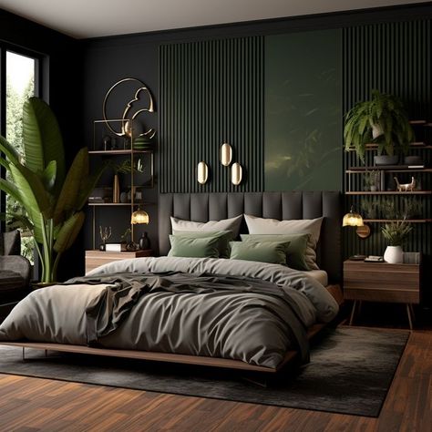 Modern Dark Green Bedroom, Bold Bedroom Design, Black And Green Modern Bedroom, Black And Wood Room Aesthetic, Green Bed Decor Ideas, Olive Black Bedroom, Dark And Wood Bedroom, Black And Wood Bedroom Decor, Dark Bedroom Green