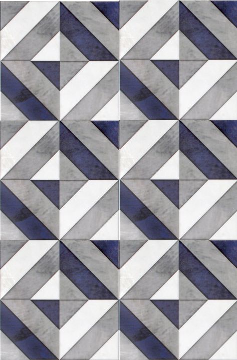 Go bold with our favorite geometric patterned tile, Insight, featured on carrara marble.  Use this modern design as bathroom floor tile or as a kitchen backsplash.  The dark navy blue shade in this luxury tile will capture the attention of all your guests. Floors Ideas, Tiles Ideas, Bath Inspiration, Luxury Tile, Patterned Floor Tiles, Room Tiles, Wood Designs, Colour Combos, Kitchen Wall Tiles