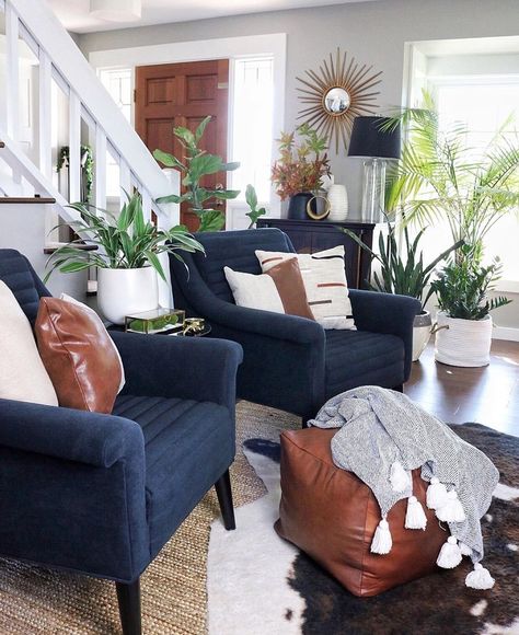 Navy And Leather Living Room, Blue Leather Sofa Living Room Ideas, Dark Blue Sofa, Blue Sofa Living, Kitten Pics, Brown And Blue Living Room, Blue Couch Living Room, Transitional Living Room Design, Havenly Living Room