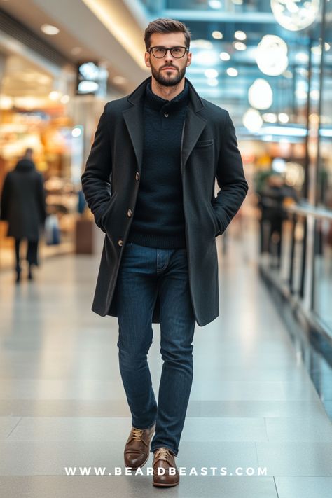 Looking stylish over 40 is all about choosing classic, versatile pieces that blend sophistication with comfort. This sleek look showcases a tailored dark coat paired with a cozy turtleneck sweater, slim-fit jeans, and polished leather shoes—perfect for casual or semi-formal winter outings. The neutral color palette ensures an elegant appearance while keeping it modern. Elevate your wardrobe with timeless staples like these for an effortlessly sharp look. Mens Dark Casual Outfits, Men’s Winter Business Fashion, Architect Man Aesthetic, Gentleman Winter Style, Pea Coat Men Outfits Casual, Mens Wool Coat Outfit, Classic Winter Outfits For Men, Mens Outfits Over 50, Men Winter Formal Outfit