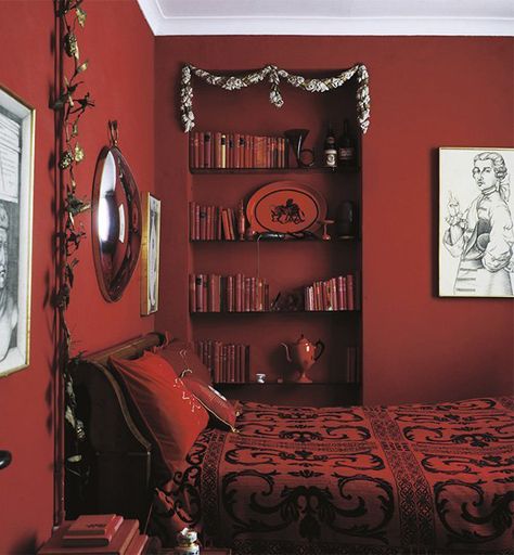 Iconic Interior - Red Bedroom - Interiors By Color Red Bedroom Walls, Red Bedroom Design, Romantic Bedroom Design, Red Bedroom, Trendy Apartment, Red Bedding, Bedroom Red, Red Rooms, Red Walls