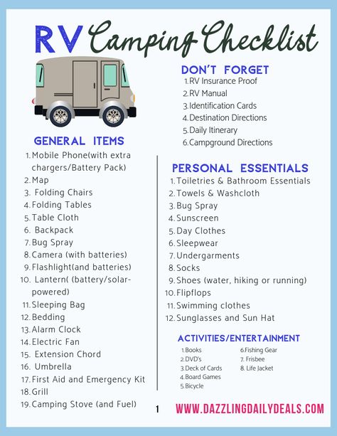 Packing List For Camper Trailer, Camping Checklist Family Camper, Camper List Rv Checklist, Motorhome Packing List, Camping In Camper, New Rv Checklist, Rv Camping Packing List, Camper Camping Checklist, Camper Checklist Packing Lists