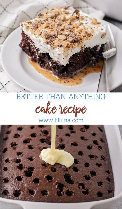 Quick and Easy Better than Anything Cake is a sweet cake filled with caramel and topped with cool whip and toffee bits! #btscake #cake #cakerecipes #chocolatecake #desserts Winning Cake Recipes, Box Cake Ideas Desserts, Easy Dessert Cakes, Health Bar Cake, Better Than Anything Cake Recipe, Butter Toffee Cake, Most Pinned Cake Recipes, Toffee Cake Filling, Chocolate Cake Mix Desserts Easy