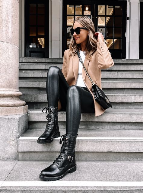 Leggings And Combat Boots Outfit, Leggings And Combat Boots, Boots Chanel, January Fashion, Outfits Leggins, Combat Boot Outfits, Combat Boot Outfit, Camel Blazer, High Waisted Tights