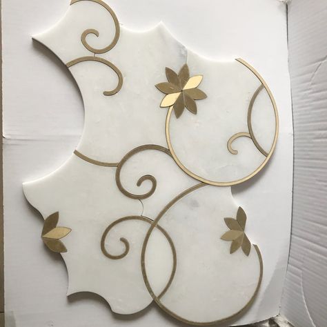 Chinese White Jade marble mixed copper flower design water jet mosaic tile, View water jet mosaic tile, GGL Product Details from Xiamen Good Luck Building Material Co., Ltd. on Alibaba.com Waterjet Marble Design, Marble Inlay Designs, Marble Inlay Floor, Floor Pattern Design, Jade Marble, White Mosaic Tile, Waterjet Mosaic Tile, Waterjet Marble, Drawing Furniture