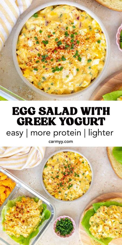 Creamy, tangy, and flavorful, this egg salad with Greek yogurt is going to be your new go-to high-protein, healthy lunch recipe! Perfect in a sandwich or pita bread, over a bed of greens, on its own, or with crackers, this high-protein egg salad is a versatile recipe you can meal prep for an easy lunch throughout the week. Pioneer Woman Egg Salad, Egg Salad Recipe High Protein, Ww Egg Salad Recipe, Healthy Egg Sandwich Recipes, Lunch With Eggs Ideas, Healthy Egg Salad With Greek Yogurt, Healthy Greek Yogurt Recipes Dinner, Egg Salad Recipe With Cottage Cheese, Healthy High Protein Egg Salad