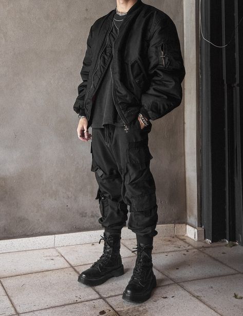 Techwear, Streetwear, Bomber Jacket, Jacket, Cargo Pants, Tech Pants, Emo, Black, Dark, Outfit, Black Outfit, All Black Outfit, Future, Futuristic, Darkwear, Cyberpunk, Chains, Eboy, Anime Boy, Kpop, Fashion, Streetstyle, Techno, Aesthetic, Photography, Urban, Urban Style, Boots, Combat Boots, cyberpunk edgerunners, edgerunners Tech Wear Aesthetic Outfits, Men Outfits Techwear, Mens Techwear Aesthetic, Black Tech Outfit, Men’s Cyberpunk Outfit, Tactical Wear Aesthetic Men, Techwear Outfits Aesthetic, Techwear Men Outfit Aesthetic, Male Combat Outfit