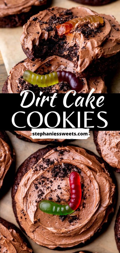 These dirt cake cookies are a fun take on a classic treat. They are chocolate Oreo cookies topped with chocolate frosting and Oreo crumbs with a gummy worm on top. They are easy to make cookies that are super chewy. Dirt Cookie Recipe, Dirt Cake Crumbl Cookies, Dirt And Worms Cookies, Cookie And Cake Recipes, Dirt Cake Cupcakes, Halloween Cookie Flavors, Fun Cookie Flavors, Crumbl Cookies Recipes, Mini Cookie Cakes