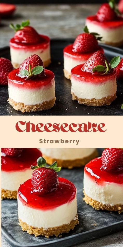 Mini Strawberry Cheesecakes Ingredients For the crust: 6 whole graham cracker rectangles (about 1 cup crumbs) 3 tablespoons unsalted butter, melted For the cheesecake batter: 2 x 8-ounce packages cream cheese, room temperature 1/2 cup granulated sugar 1/2 cup heavy whipping cream 2 tablespoons cornstarch 1 large egg, room temperature 2 teaspoons fresh lemon juice #Strawberry #Cheesecake Holiday Food Ideas Christmas, Cheesecake Cups Recipe, Strawberry Cheesecakes, Cheesecake With Whipped Cream, Mini Strawberry Cheesecake, Individual Cheesecakes, Strawberry Cheesecake Bites, Cheesecake Bites Recipe, Mini Dessert Recipes