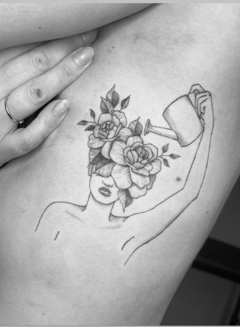 I Have Me Tattoo, Tattoo Symbolising Growth, Watering Myself Tattoo, Tattoo Showing Growth, Watering Self Tattoo, Tattoos Change And Growth, Flower Head Lady Tattoo, Lady With Sunflower Head Tattoo, Watering Yourself Tattoo