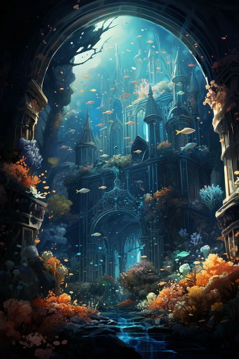 Underwater Digital Art, Underwater Castle, Fantasy Landscape Art, World Underwater, Underwater Kingdom, Art Ethereal, Art Underwater, Art Mystical, Lost City Of Atlantis