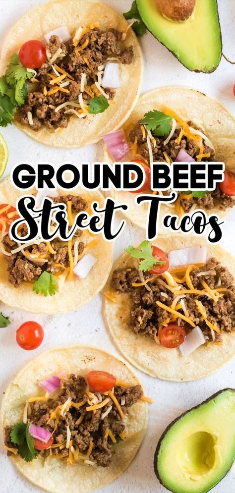 ground beef street tacos with toppings Ground Beef Street Tacos Recipe, Ground Beef Street Tacos, Beef Street Tacos, Easy Tacos, Taco Recipes Ground Beef, Street Taco Recipe, Tacos Recipes, Beef Tacos Recipes, Beef Tacos