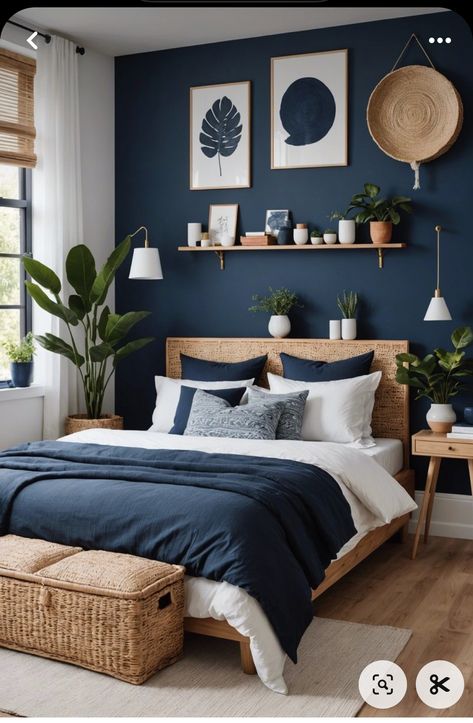 Ikea Inspired Bedroom, Navy Bedrooms, Dark Blue Bedrooms, Dark Blue Walls, Blue Bedroom Decor, Bedroom Refresh, Blue Rooms, Small Room Bedroom, Blue Bedroom