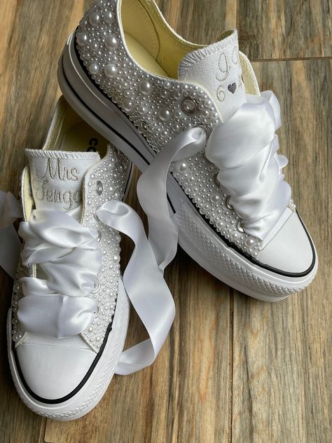 Wedding Converse Bride, Converse Bride, Embroidered Wedding Shoes, Wedding Tennis Shoes, Wedding Sneakers For Bride, Bride Converse, Bride Sneakers, Bridal Converse, Reception Shoes