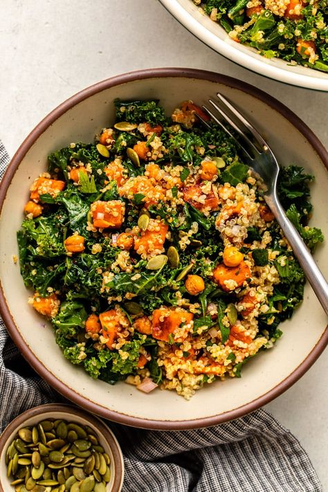 Quinoa Kale Bowl, Fall Quinoa Bowl, Kale Sweet Potato Salad, Fall Quinoa, Kale Sweet Potato, Sweet Potato Quinoa Salad, Sweet Potato Quinoa, Kale And Quinoa, Simple Salads