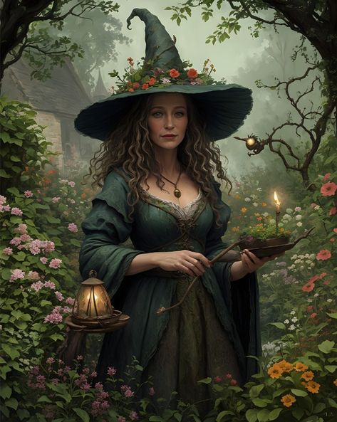 In her sanctuary of petals and herbs, the garden witch tends to the secrets of nature's bloom with whispers and potions☘️🌷🦋 for @rowan_lewgalon_aiart | #aiweekofwitchesmarch24 #aiartdaily #aichallenge #gardenwitch #witch #magicalai #aiart #digitalart #fantasy #garden #mystical Garden Mystical, Fae Witch, Witch Spring, Green Witch Aesthetic, Medieval Witch, Garden Witch, Baba Jaga, Nature Witch, Autumn Witch