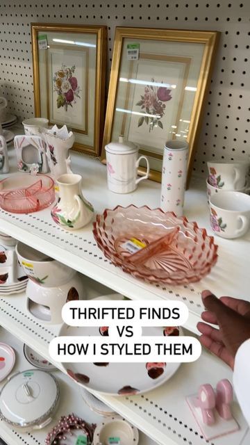 Elena | Home Decor on Instagram: "These thrift stores are going directly to JAIL for these insane prices!!! That pink dish was $15! For Nonna’s plates 🙄 Come on now. Anyway what was your best thrift score? I wanna know 👇🏾 #thriftstorefinds#thriftshop#thirftstore#diyhome#cozyhome#homedecor#interiordesign#interiorinspo#housebeautiful" Thrift Store Dishes, Thrifted Dishes Aesthetic, Thrifted Birthday Gift, Thrifted Party Decor, Thrifted Dishware, Thrifted Wall Decor, Thrifted Dinnerware, Thrifted Vs Styled Decor, Thrifted Kitchenware