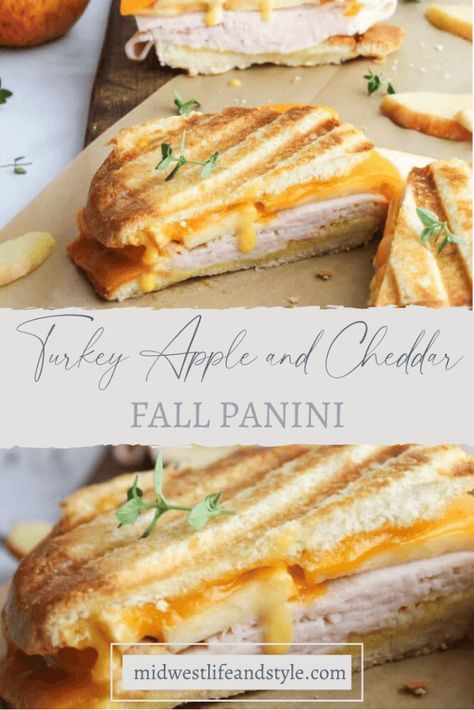 It's my favorite time of the year. Comfort food season! Enjoy some ooey-gooey cheesy goodness with this super simple turkey apple and cheddar panini. Apple And Cheddar, Turkey Apple, Harvest Dinner, Grilled Sandwiches, Panini Recipes, Dinner Sandwiches, Recipe Dinner, Ooey Gooey, Fall Dinner