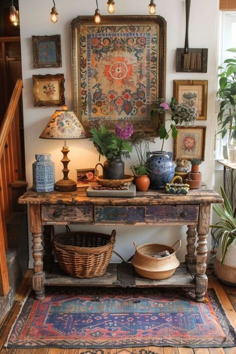 Rustic Meets Boho Decor, Lots Of Art On Walls, Entryway Ideas Cottagecore, Boho Rooms Vintage, Interior Wall Siding Ideas, Colorful Boho Apartment Decor, Interior Pop Of Color, Boho Vintage Home Decor, Eclectic World Traveler Decor