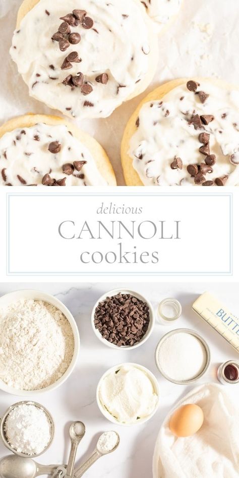 Tender CANNOLI COOKIES with a light and creamy icing are sure to become your new favorite treat! Canoli Crumbl Cookie, Cannoli Whoopie Pies, Cannoli Thumbprint Cookies, Cookie Bake Recipe, Crumble Cannoli Cookie, Different Baking Recipes, Crumbl Cannoli Cookie Copycat, Holy Cannoli Cookies, Nyc Style Cookie Recipe