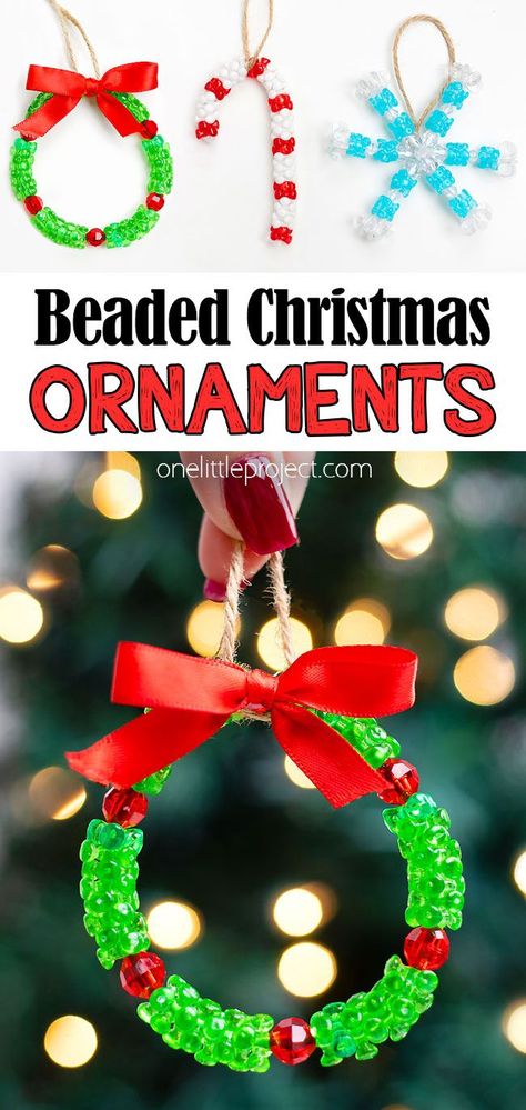 These beaded Christmas ornaments are SO PRETTY and really easy to make! Use pipe cleaners and beads to make these kid friendly DIY ornaments at school or home. Follow our tutorial to make wreath, candy cane, and snowflake tri-bead ornaments. They look so pretty hanging on the Christmas tree! Bead And Pipe Cleaner Ornaments, Christmas Ornament Diy For Kids, Christmas Crafts Candy Canes, Pipe Cleaner Wreath Ornament, Tri Beads Crafts Projects, Beaded Christmas Ornaments Diy Tutorials, Diy Candy Christmas Ornaments, Christmas Diy Ornaments For Kids, Bead Making Ideas