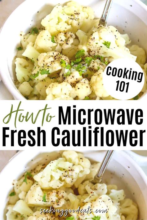 Fresh microwave cauliflower is so simple to make! It's the perfect easy vegetable side dish, but you can also use it as a pasta substitute in many recipes if you're following a gluten free, low carb, and keto diet. Microwave Cauliflower, Microwave Vegetables, Ways To Cook Cauliflower, Cook Cauliflower, How To Cook Cauliflower, Pasta Substitute, How To Cook Broccoli, Easy Vegetable Side Dishes, Vegetable Side Dish