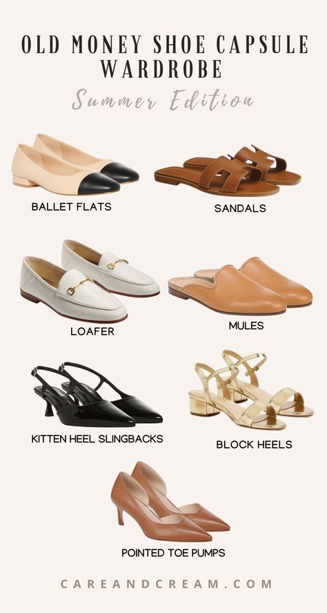 The Ultimate Old Money Summer Shoe Capsule Wardrobe Loafer Sandals Outfit, Classy Loafers Women, Women Flat Shoes Classy, Must Have Sandals For Women, Old Money Outfits Loafers, Chic Shoes Women, Work Outfits Women Flat Shoes, Old Money Flats, Quiet Elegance Fashion