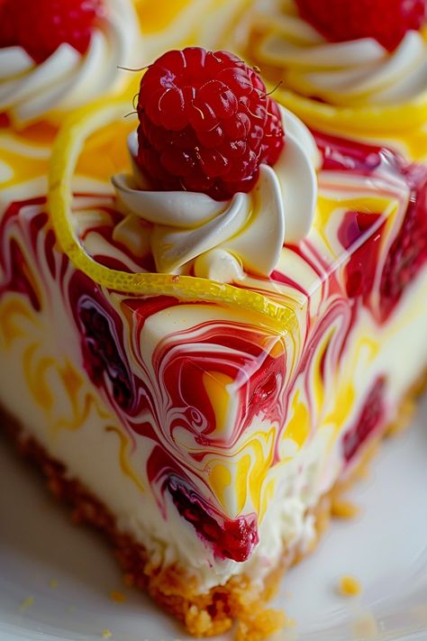 Luscious Lemon Raspberry Swirl Cheesecake is the perfect summer dessert! Bursting with flavor and easy to make. Try it today! Orange Crush Cake, Raspberry Delight, Crush Cake, Raspberry Whipped Cream, Lemon And Raspberry, Raspberry Swirl Cheesecake, Pistachio Cheesecake, Raspberry Scones, Swirl Cheesecake